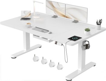 Devoko Scrivania Regolabile in Altezza 140x80 cm Bianco Ufficio con Ruote