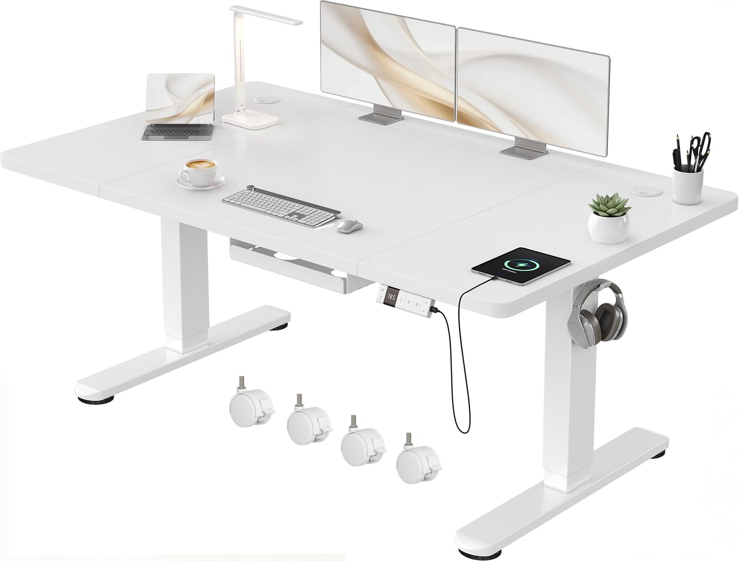 Devoko Scrivania Regolabile in Altezza 140x80 cm Bianco Ufficio con Ruote