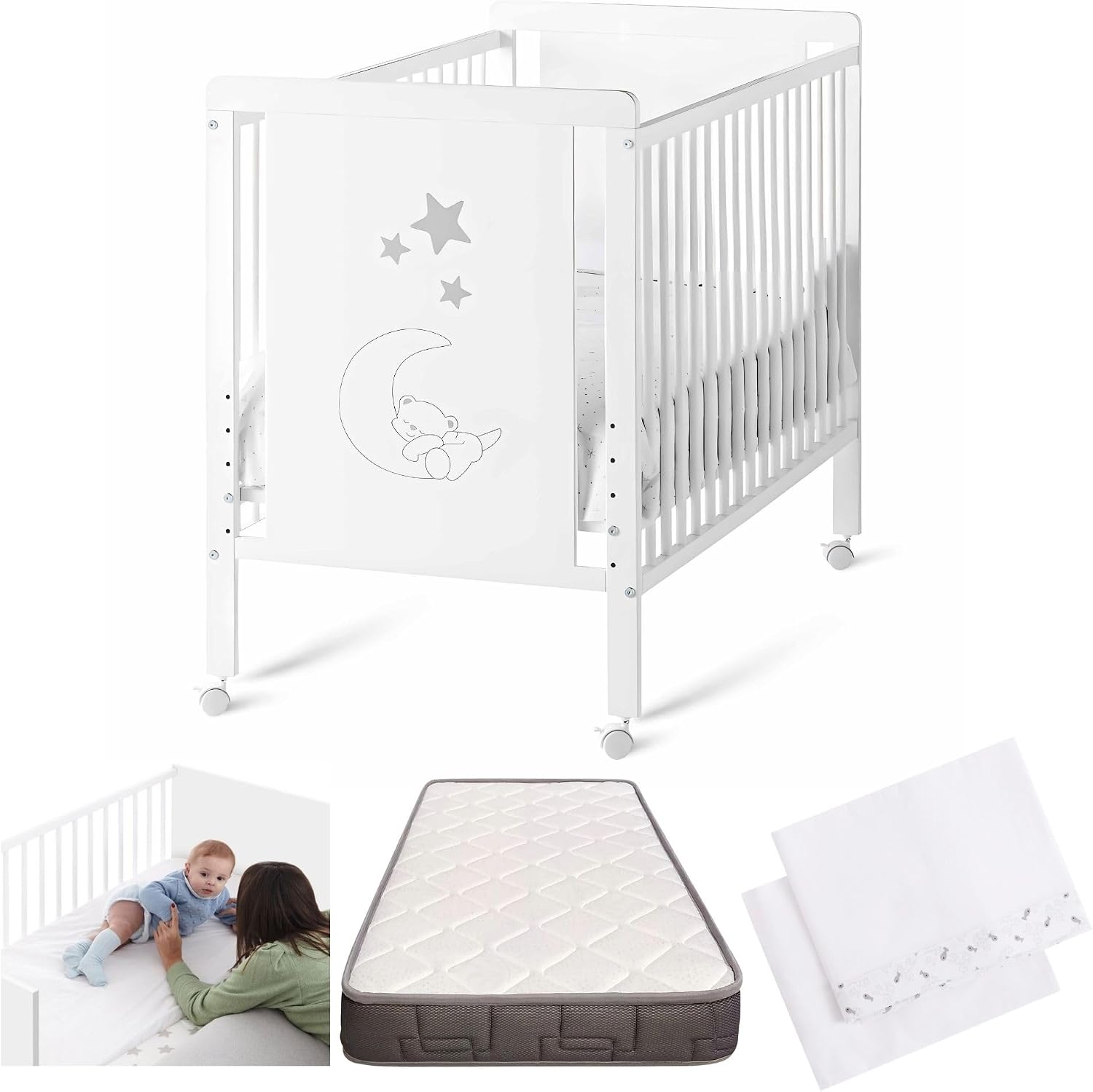 Cool Dreams - Indi, Lettino per neonato + kit completo + materasso HR + 4 ruote + tessile