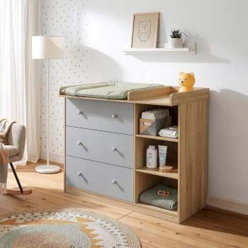 [en.casa] Cassettiera con Piano Fasciatoio Rimovibile Scaffale per la Cura del Bambino Neonato con 3 Cassetti e 3 Scomparti Aperti per Cameretta 93 x 110 x 55 cm - Effetto Rovere/Grigio