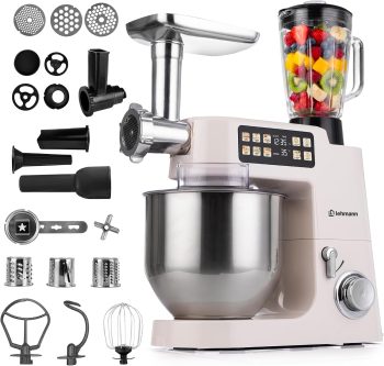 LEHMANN Teyles Impastatrice Planetaria Professionale 2100W 8L con Bilancia Integrata, Touchscreen e Ciotola Riscaldata, Blender 1,5L, Tritacarne, Planetaria per Pane e Pizza, Beige