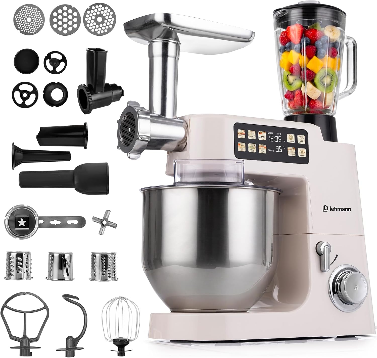 LEHMANN Teyles Impastatrice Planetaria Professionale 2100W 8L con Bilancia Integrata, Touchscreen e Ciotola Riscaldata, Blender 1,5L, Tritacarne, Planetaria per Pane e Pizza, Beige