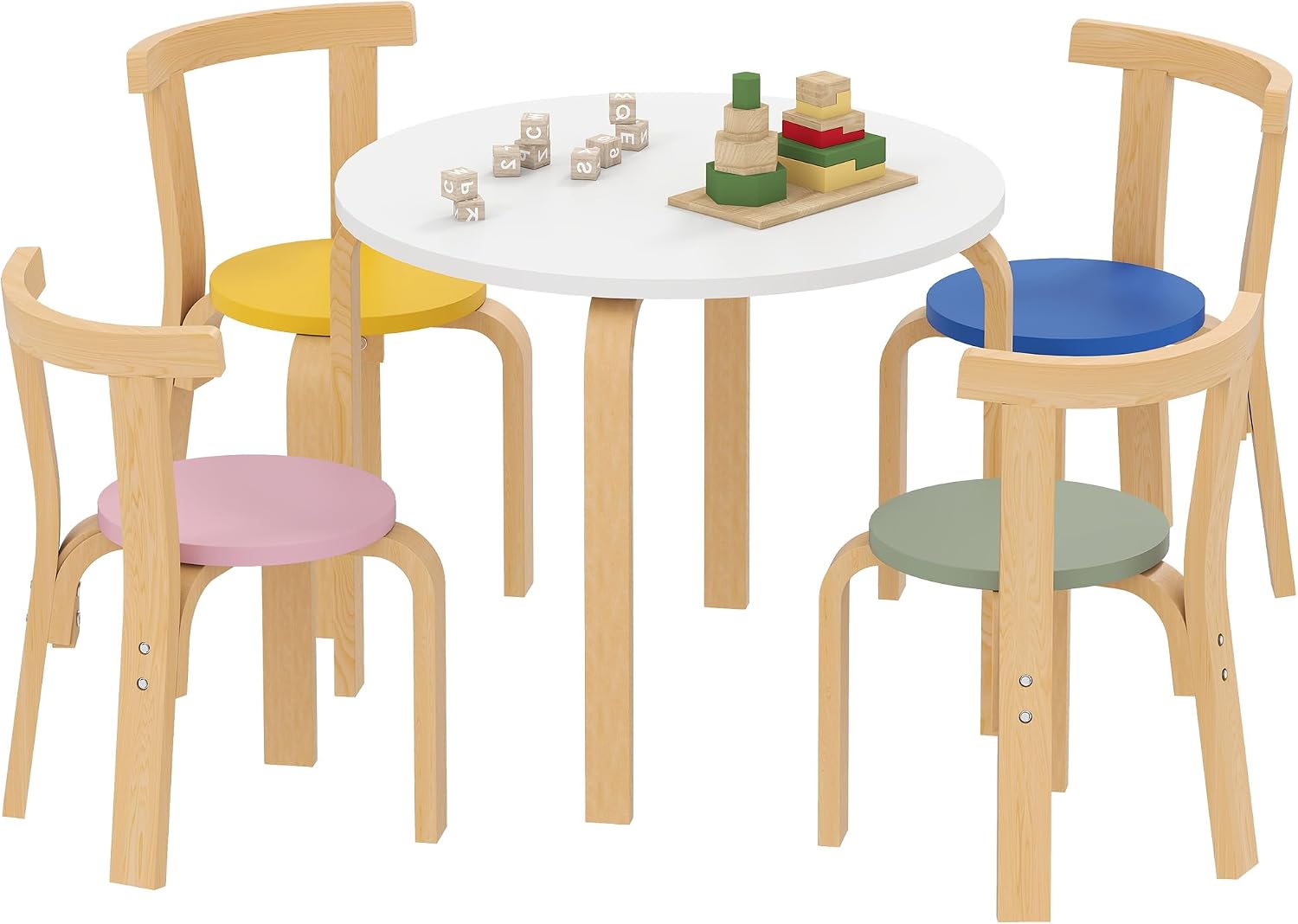 AIYAPLAY Set Tavolo e Sedie per Bambini 3-8 Anni 5 pz in Legno Multicolore