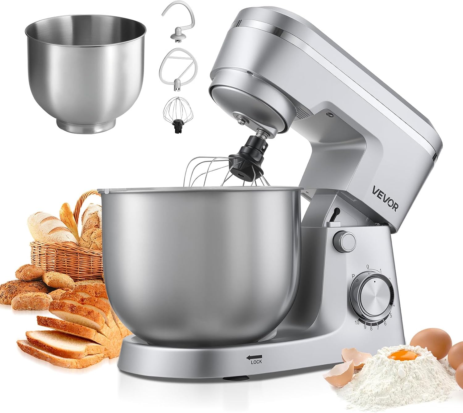 VEVOR Impastatrice Planetaria Macchina da Cucina per la Cottura al Forno 1500 W con Ciotole in Acciaio Inox, Gancio per Impastare, Impastatrice con Inclinazione Regolabile a 10 Velocità