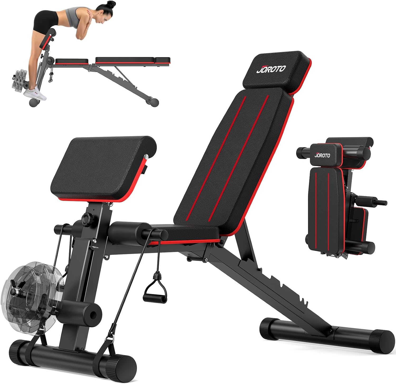 JOROTO Panca per pesi regolabile per palestra domestica, capacità di 453,6 kg, panca da allenamento pieghevole con estensione delle gambe e estensione della schiena, panca per esercizi preacher curl