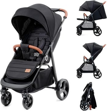 Kinderkraft GRANDE PLUS Passeggino Leggero dalla nascita fino 22 kg, Pieghevole con una mano, Posizione sdraiata, L'ammortizzazione su tutte le ruote, Cappottina XL, Nero