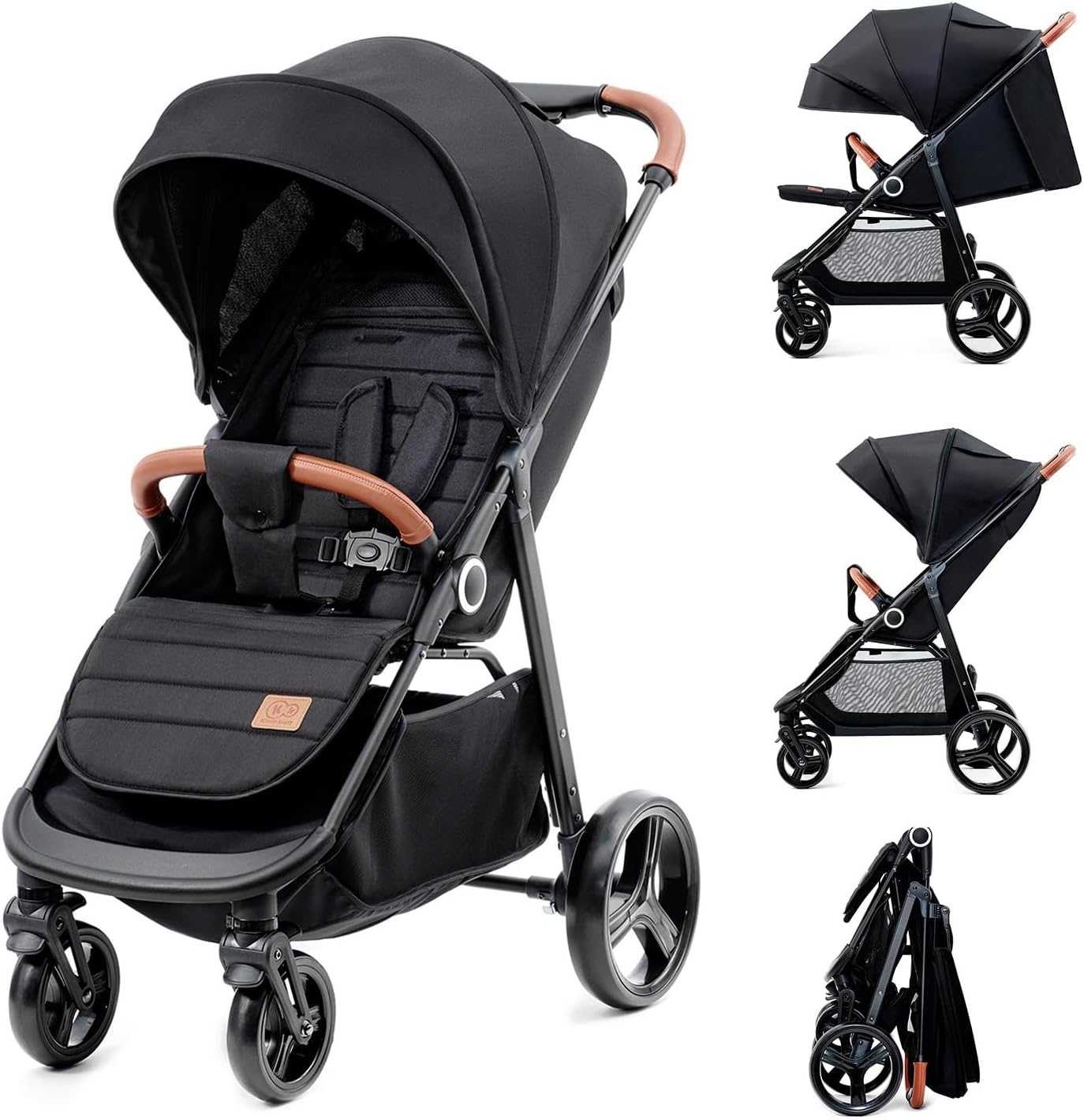 Kinderkraft GRANDE PLUS Passeggino Leggero dalla nascita fino 22 kg, Pieghevole con una mano, Posizione sdraiata, L'ammortizzazione su tutte le ruote, Cappottina XL, Nero